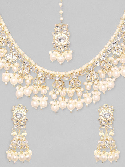 Rubans 24K Gold Plated Kundan Studded Pearl Beaded Jumkhas &amp; Necklace Set Necklace Set