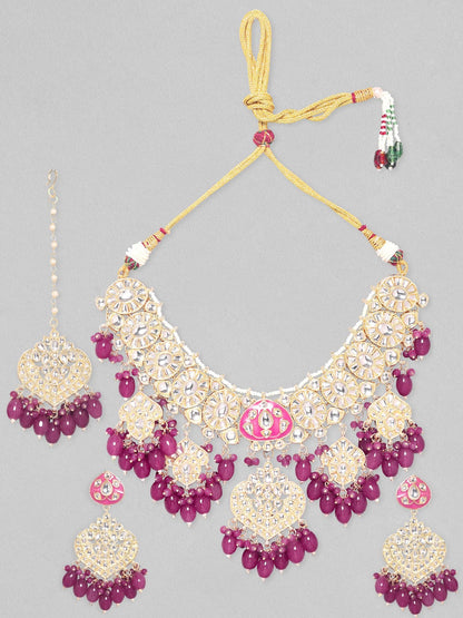 Rubans 24K Gold Plated Kundan Studded Pearl &amp; Wine Shade Beaded Necklace, Earring &amp; Maangtikka Set Necklace Set