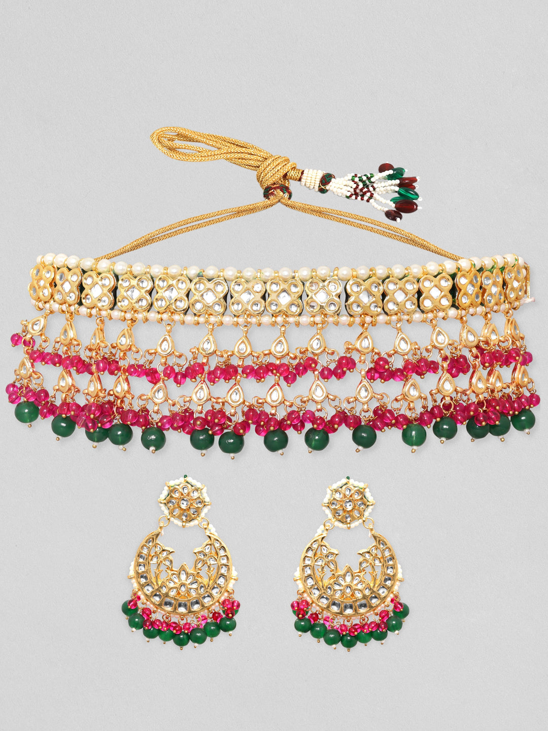 Rubans 24K Gold Plated Kundan Studded Pink & Green Beaded Choker Set Necklace Set