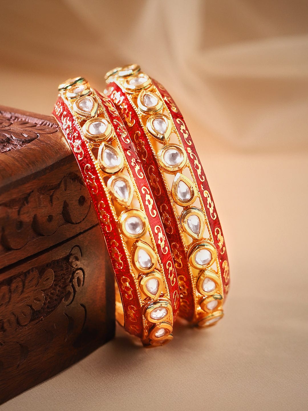 Rubans 24K Gold Plated Kundan Studded Red Enamel Bangles Bangles & Bracelets