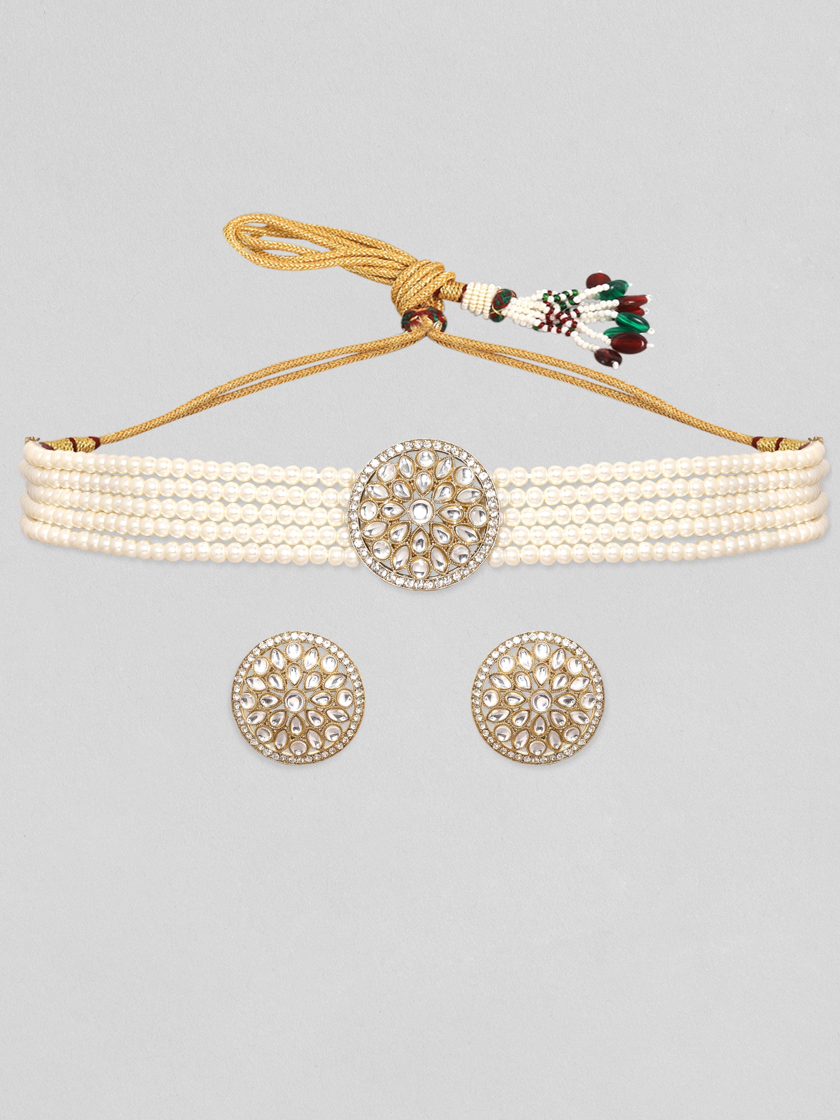 Rubans 24K Gold Plated Kundan Studded String Of Pearls Choker Jewellery Set Necklace Set
