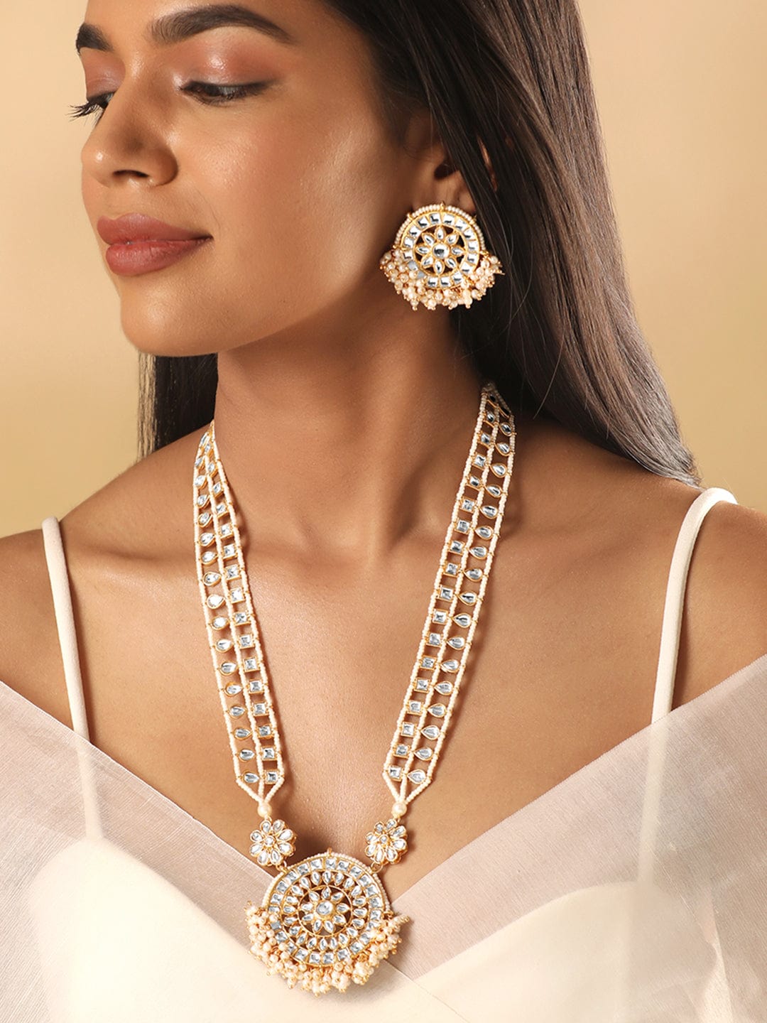 Rubans 24K Gold Plated Kundan Studded White Pearl Beaded Necklace Set Necklaces, Necklace Sets, Chains &amp; Mangalsutra