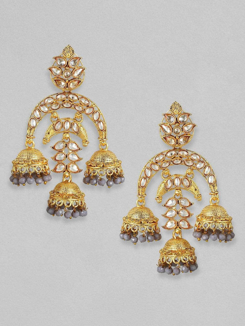 Rubans 24K Gold Plated Kundan with Grey Beads Handcrafted Multi Jhumka Earrings Earrings