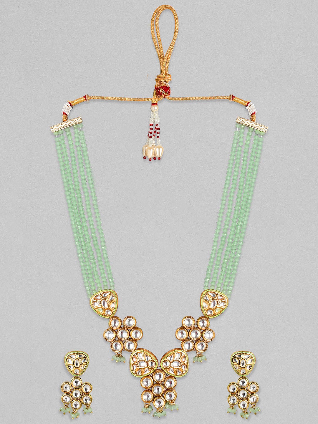 Rubans 24K Gold Plated Kundan with Mint Green Seed Beeded Handcrafted Necklace Set Necklace Set