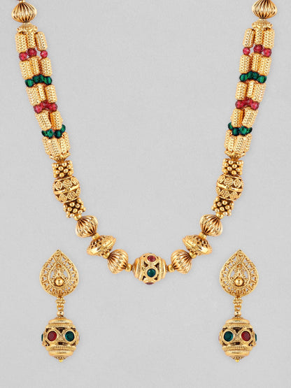 Rubans 24K Gold Plated Long Temple Necklace Set With Beads Design. Necklace Set
