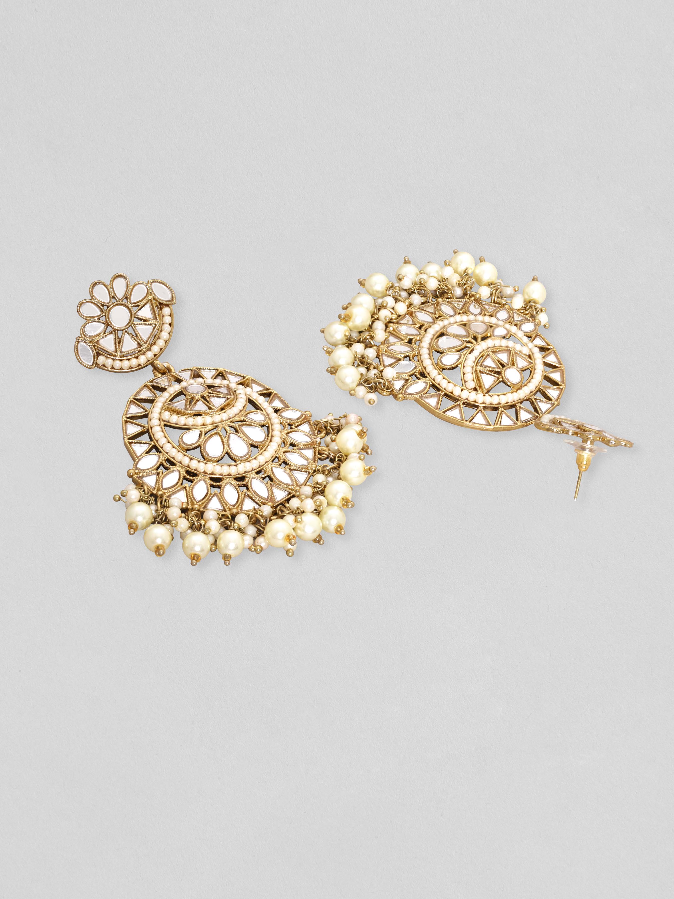 Rubans 24K Gold Plated Mirror Studded Pearl Beaded Chandbali Earring &amp; Mangtika Set Maang Tikka &amp; Earrings Set