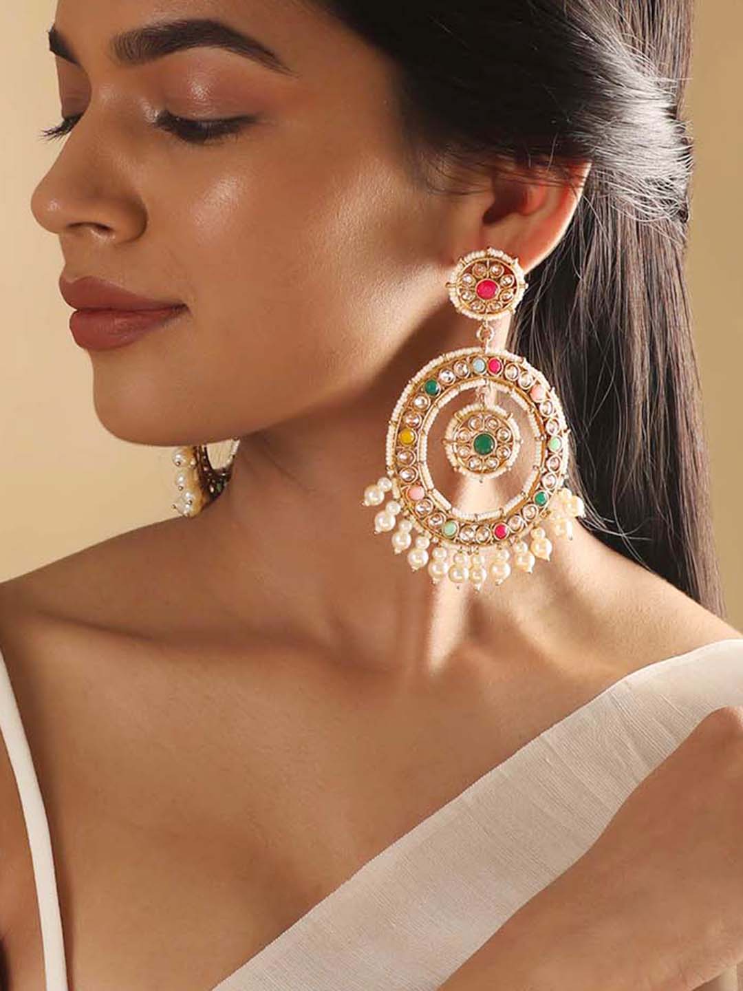 Rubans 24K Gold Plated Multicolour AD Studded Chandballi Earrings Earrings