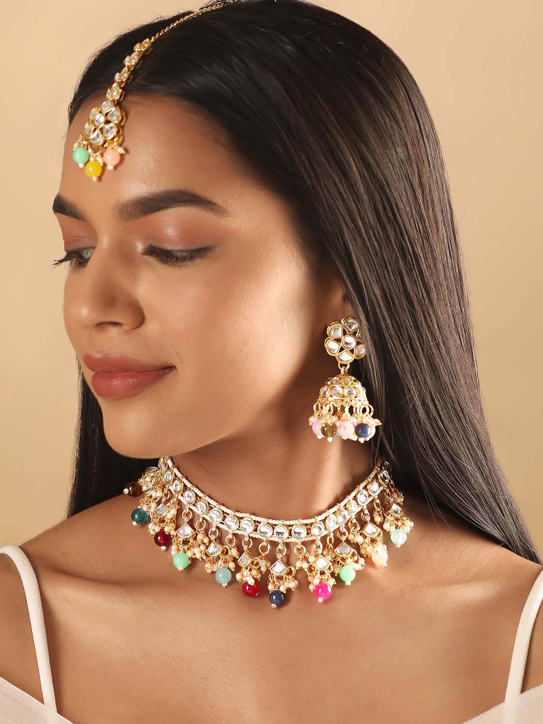 Rubans 24K Gold Plated Multicolour Beaded Kundan Studded Choker Jewellery Set Necklaces, Necklace Sets, Chains &amp; Mangalsutra