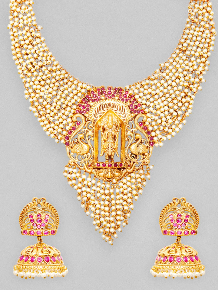Rubans 24K Gold Plated Necklace Set With Pearls Ruby Stones And Goddess Motifs. Necklace Set