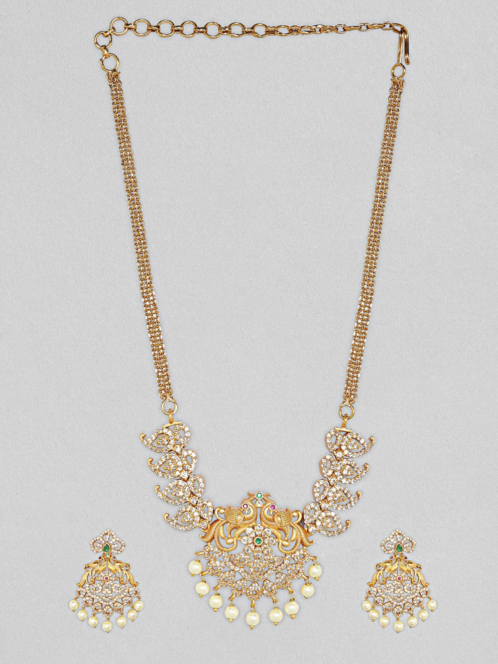 Rubans 24K Gold Plated Necklace Set With Studded AD And Peacock Design Necklace Set