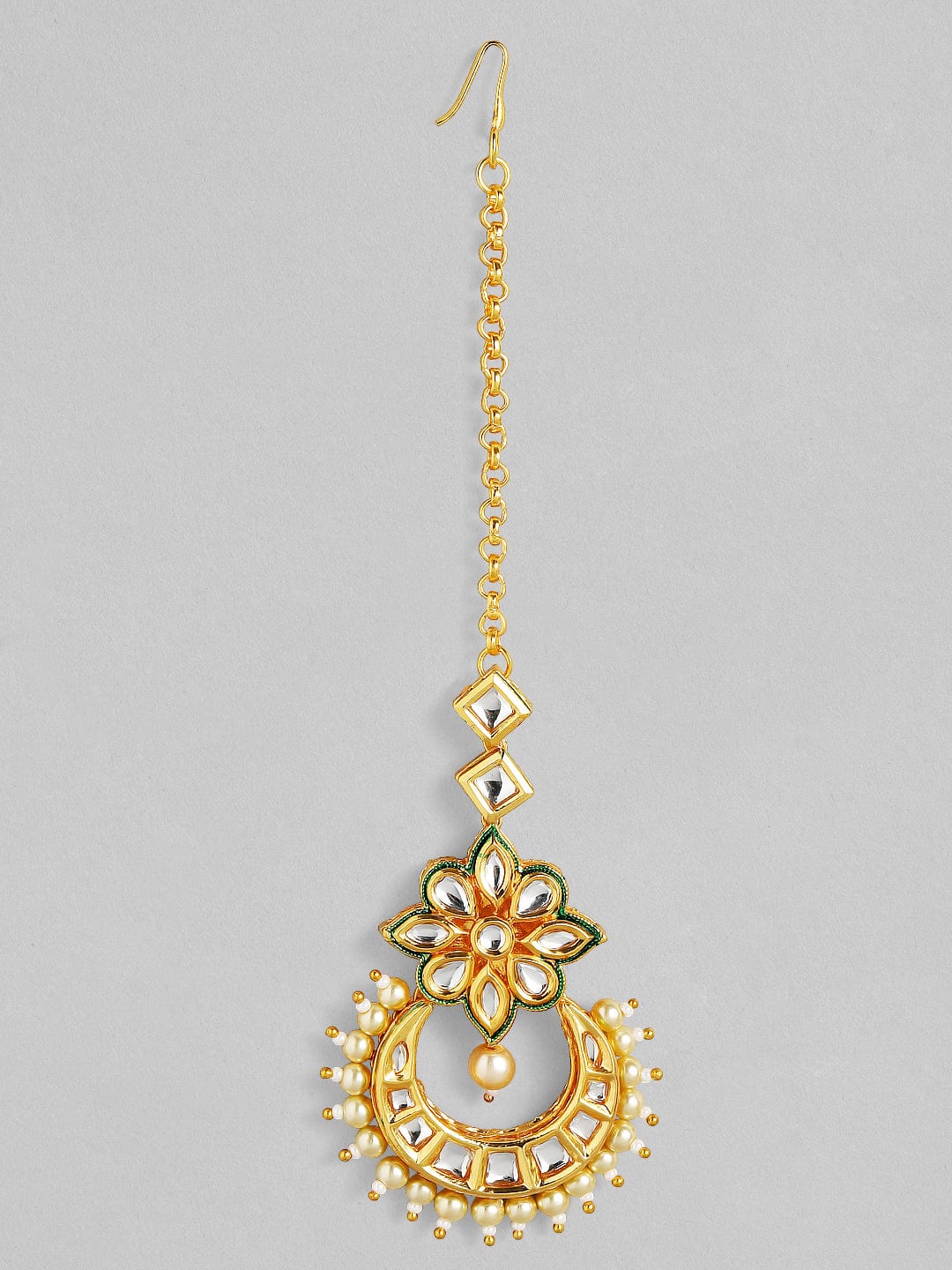 Rubans 24K Gold-Plated & Off-White Kundan & Pearl Embellished Handcrafted Maang Tikka Head Jewellery