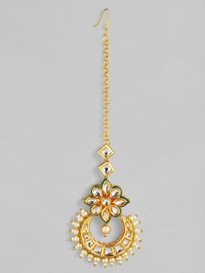 Rubans 24K Gold-Plated & Off-White Kundan & Pearl Embellished Handcrafted Maang Tikka Head Jewellery