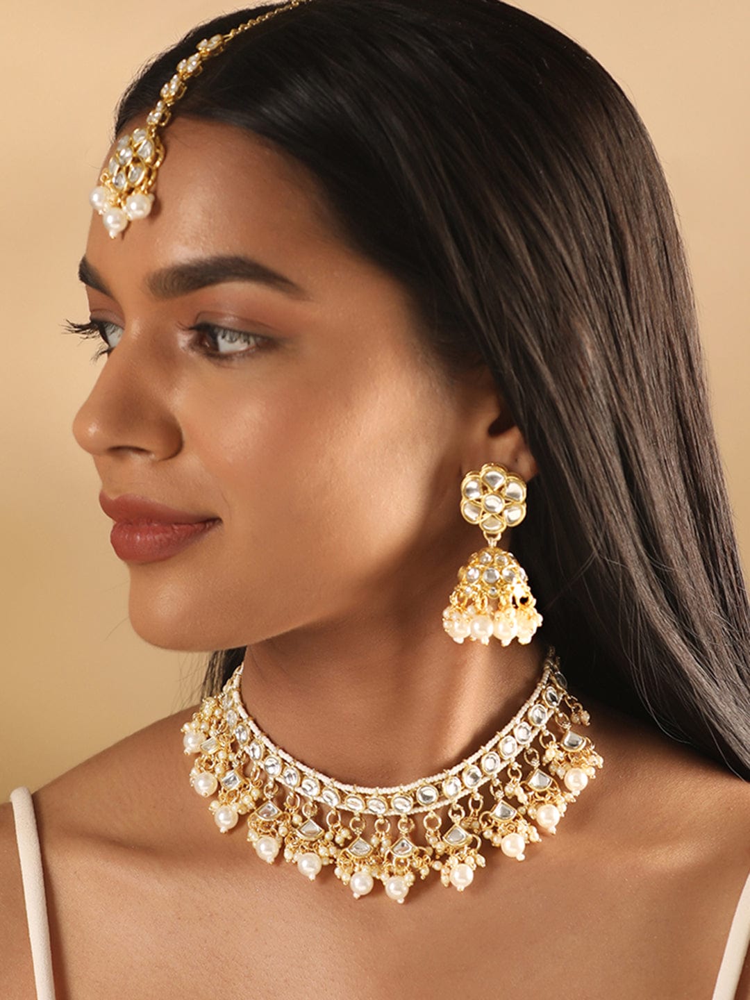 Rubans 24K Gold Plated Pearl Beaded Kundan Studded Choker Jewellery Set Earrings &amp; mangtika Combo