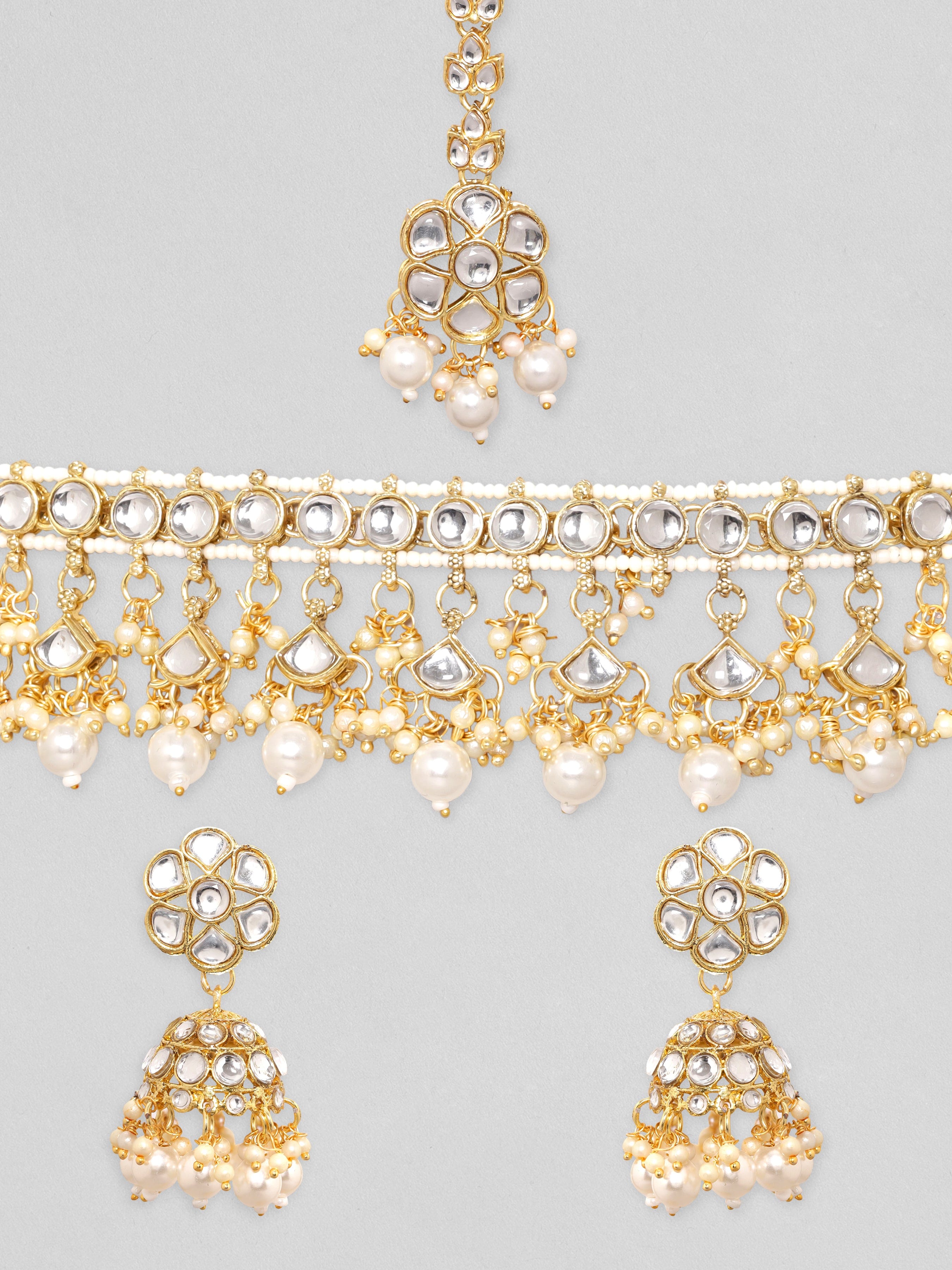 Rubans 24K Gold Plated Pearl Beaded Kundan Studded Choker Jewellery Set Earrings &amp; mangtika set