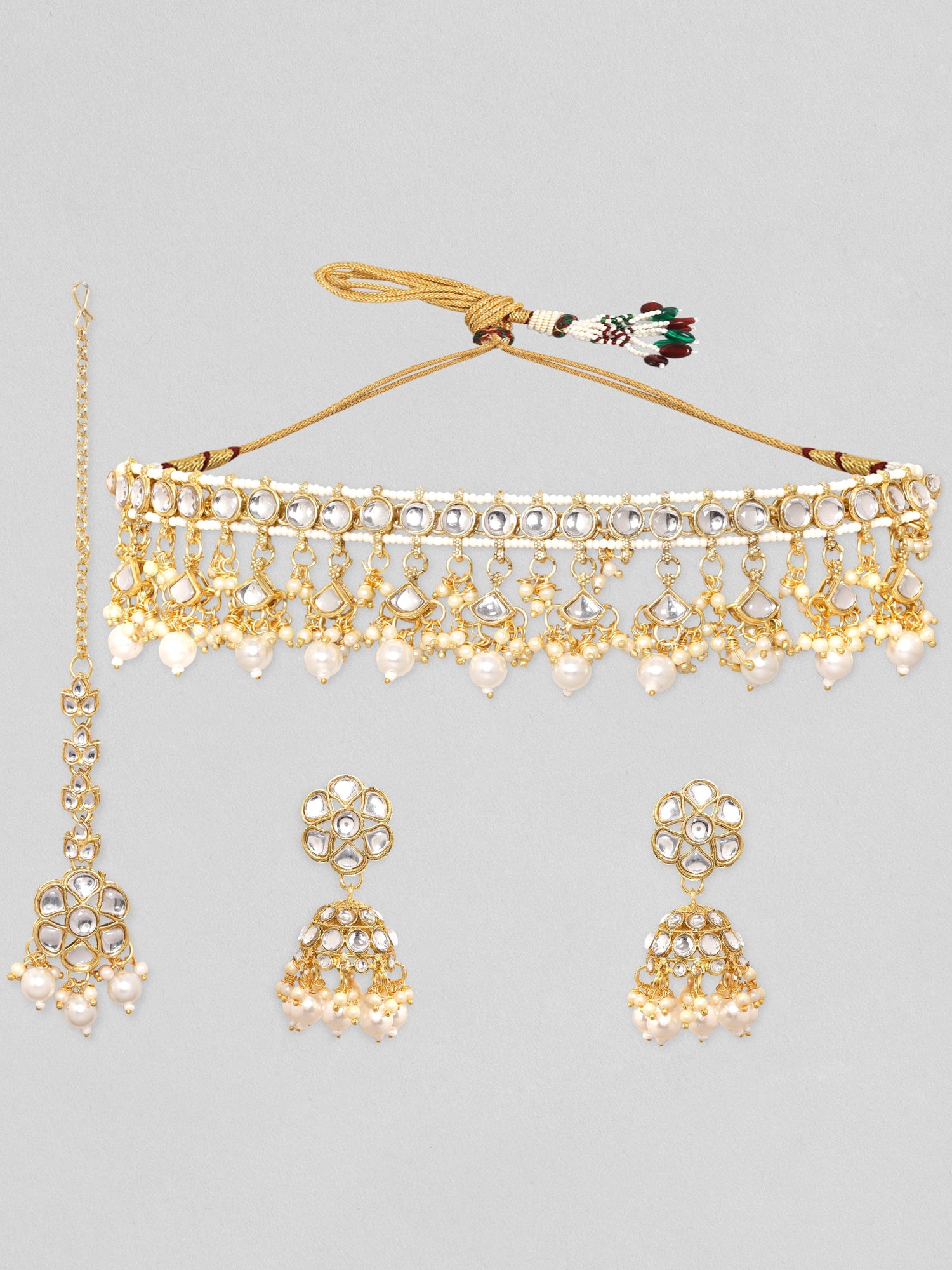 Rubans 24K Gold Plated Pearl Beaded Kundan Studded Choker Jewellery Set Earrings &amp; mangtika set