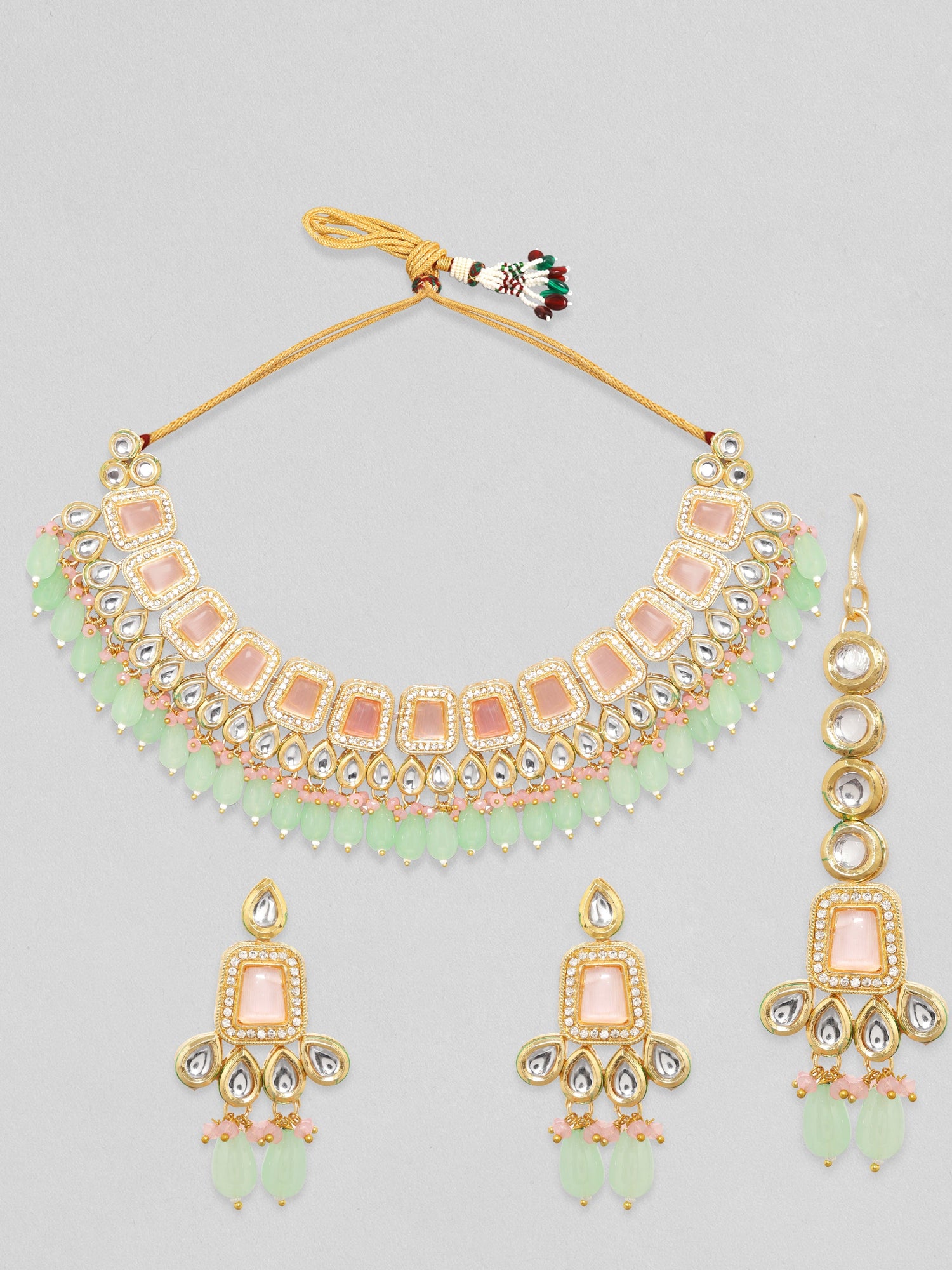 Rubans 24K Gold Plated Pink Kundan Studded Blue Beaded Jewellery Set Necklace Set