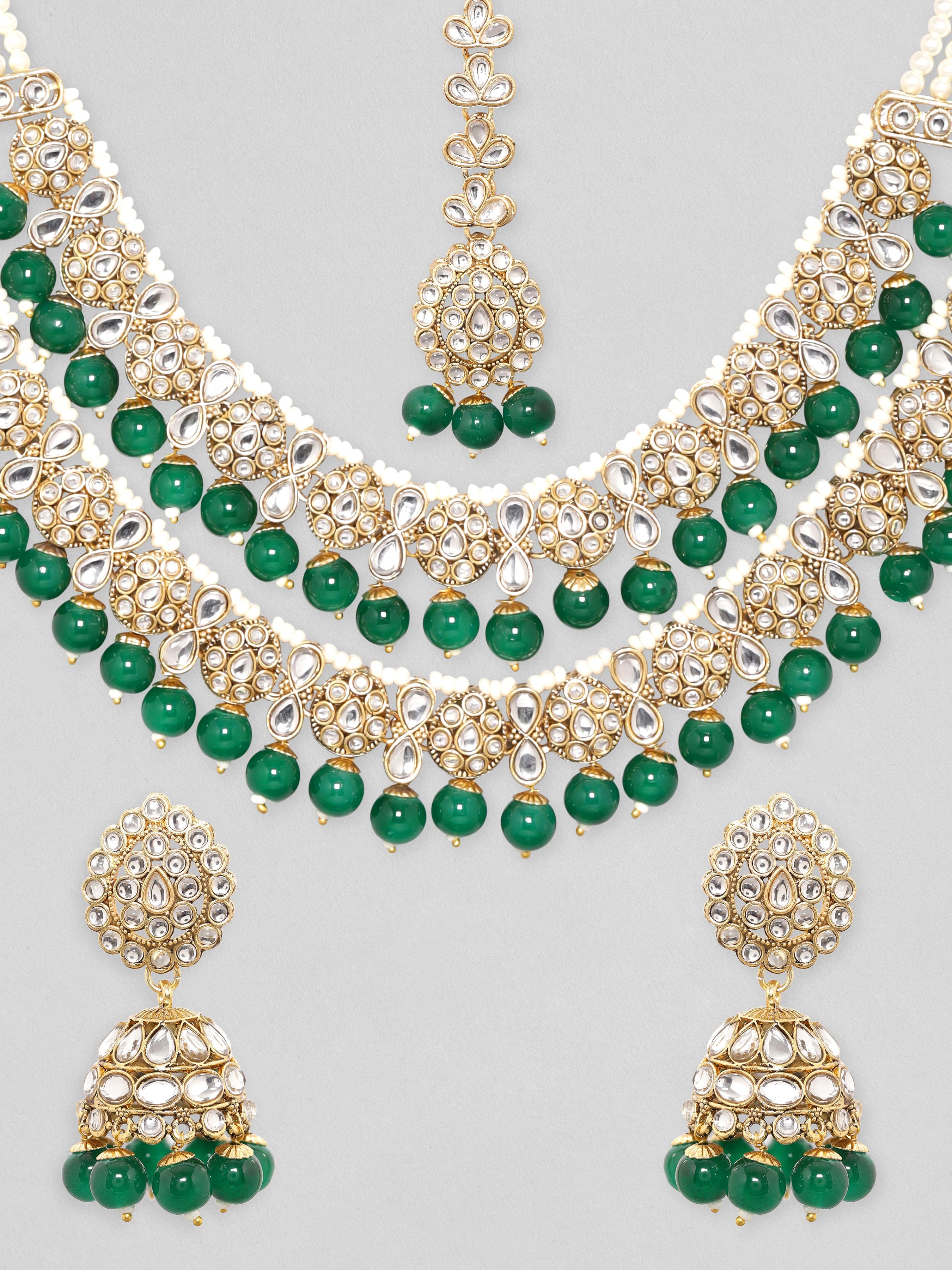 Rubans 24K Gold Plated Polki Stone Studded Green Beaded Double Layer Jewellery Set Necklace Set