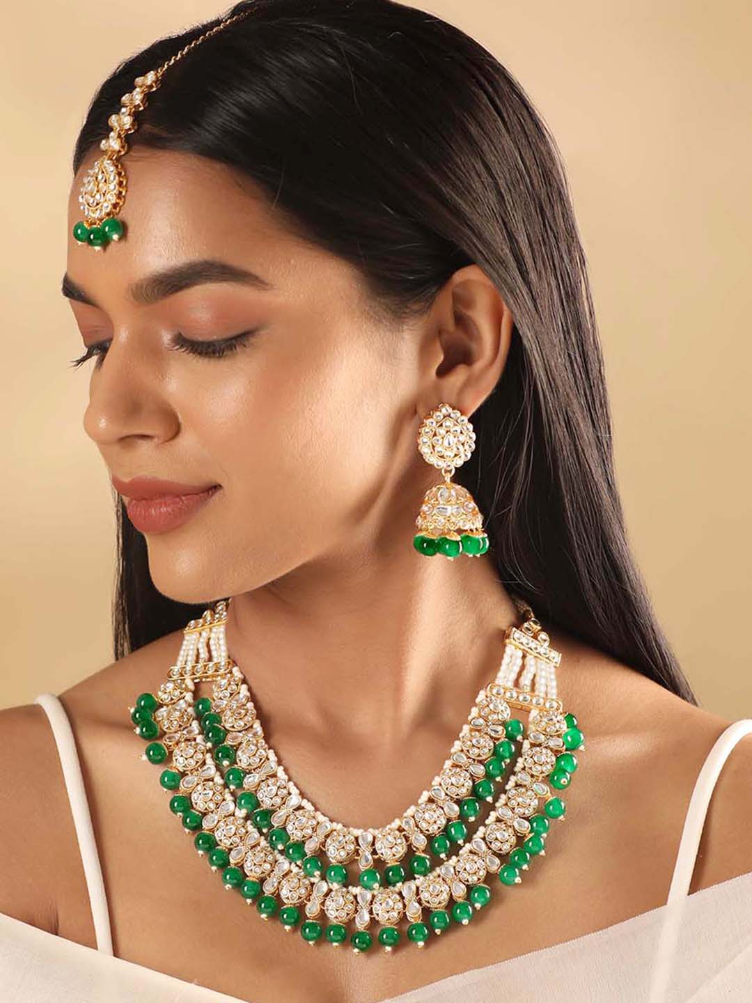Rubans 24K Gold Plated Polki Stone Studded Green Beaded Double Layer Jewellery Set Necklaces, Necklace Sets, Chains &amp; Mangalsutra
