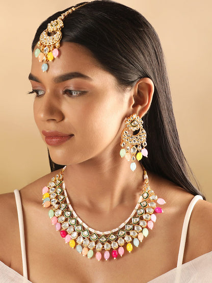 Rubans 24K Gold Plated Polki Studded Multicolour Beaded Jewellery Set Necklace &amp; Earring Combo