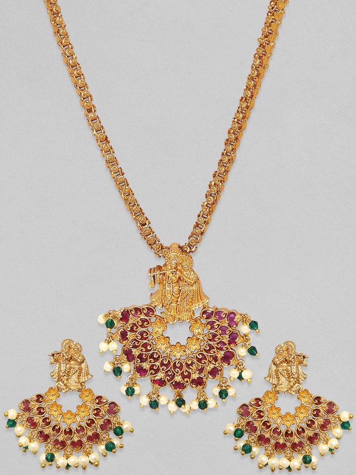 Rubans 24K Gold Plated Red Zircons And Pearl Beaded Radha Krishna Temple Jewellery Set. Necklace Set