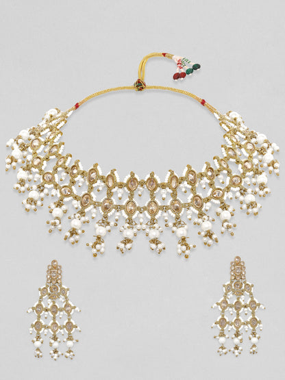 Rubans 24K Gold Plated Reverse AD Pearl Beaded Kundan Studded Choker Jewellery Set Necklace Set