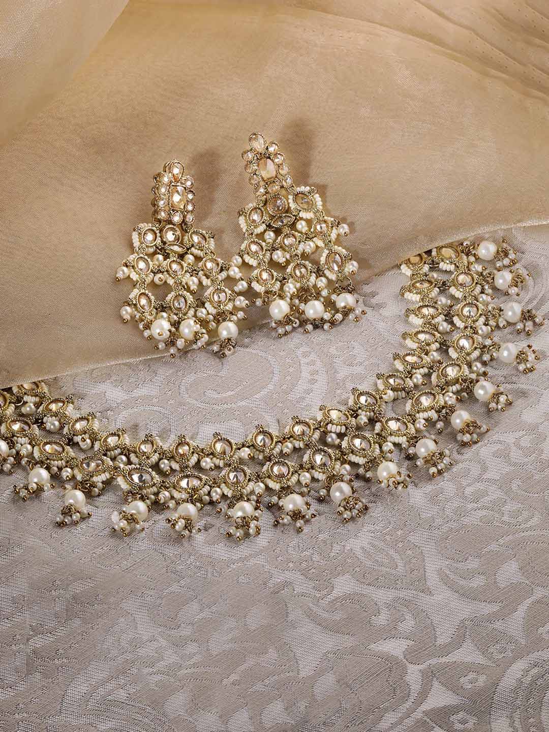 Rubans 24K Gold Plated Reverse AD Pearl Beaded Kundan Studded Choker Jewellery Set Necklaces, Necklace Sets, Chains & Mangalsutra