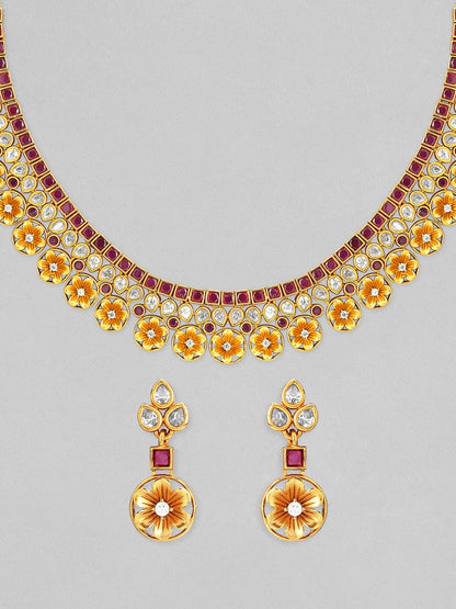Rubans 24K Gold plated Ruby and AD studded Necklace set. Necklace Set