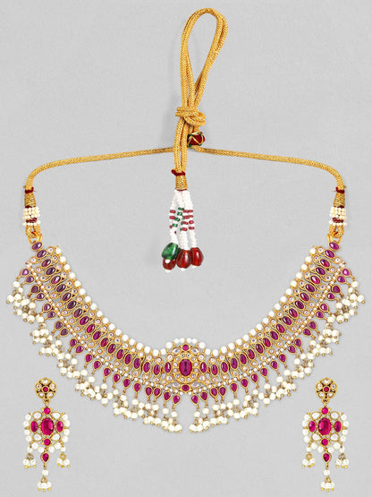 Rubans 24K Gold Plated Ruby and AD studded Necklace Set. Necklace Set