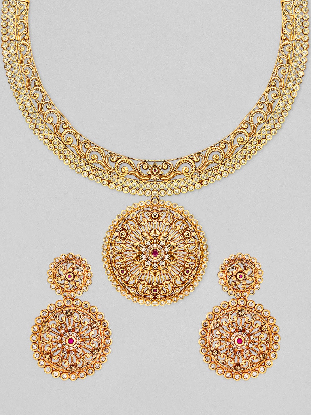 Rubans 24K Gold Plated Ruby and AD studded Necklace set. Necklace Set