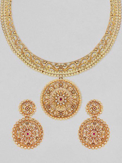 Rubans 24K Gold Plated Ruby and AD studded Necklace set. Necklace Set