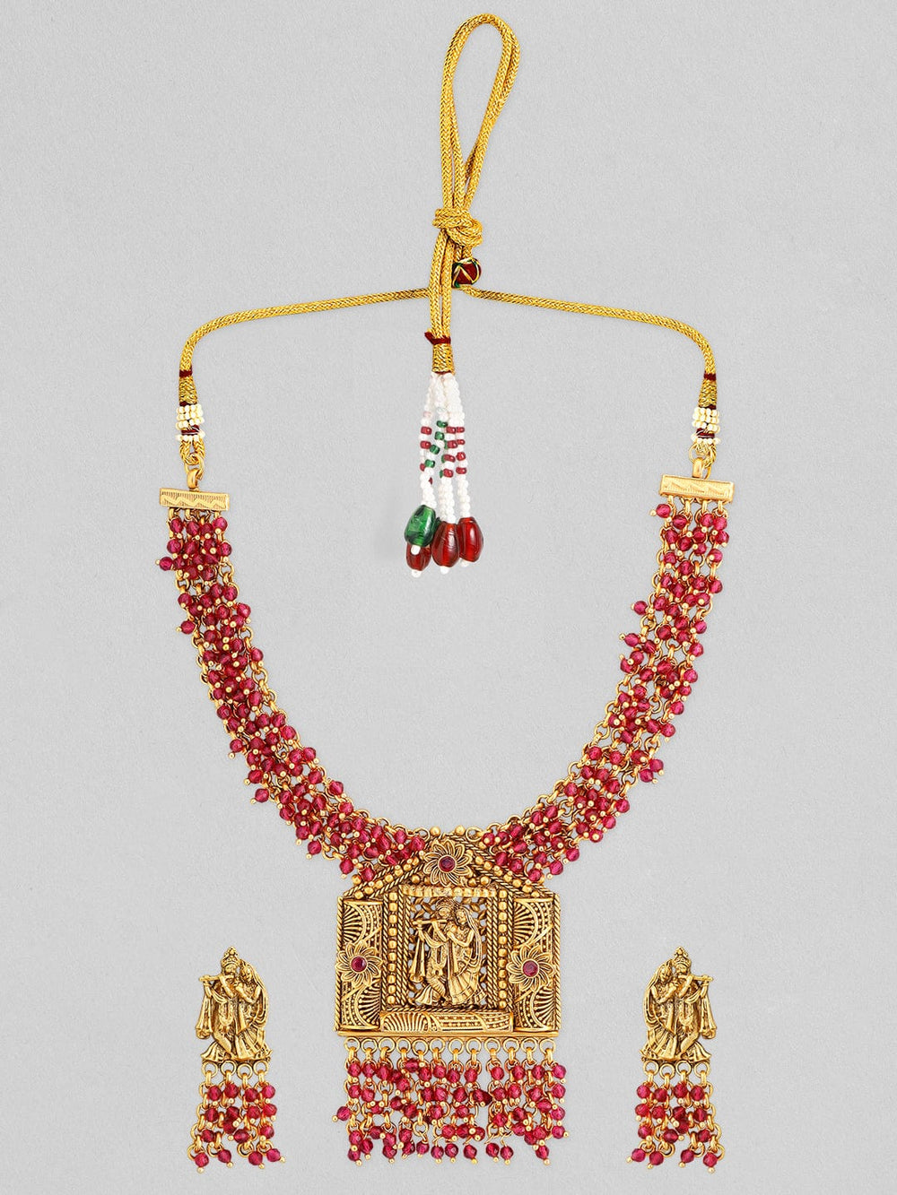 Rubans 24K Gold Plated Temple Necklace Set With Pink Beads. Jewellery Sets