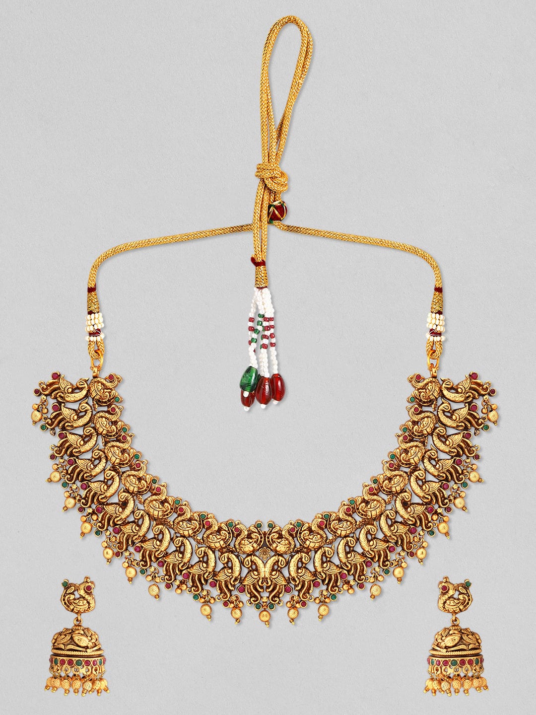 Rubans 24k Gold-Plated Traditional Red &amp; Green Stone Studded Jewellery Set Necklace Set