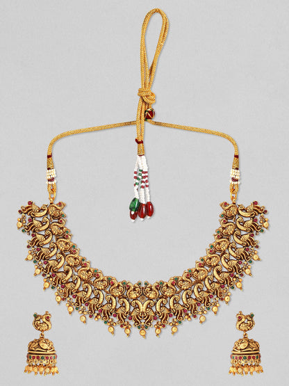 Rubans 24k Gold-Plated Traditional Red &amp; Green Stone Studded Jewellery Set Necklace Set
