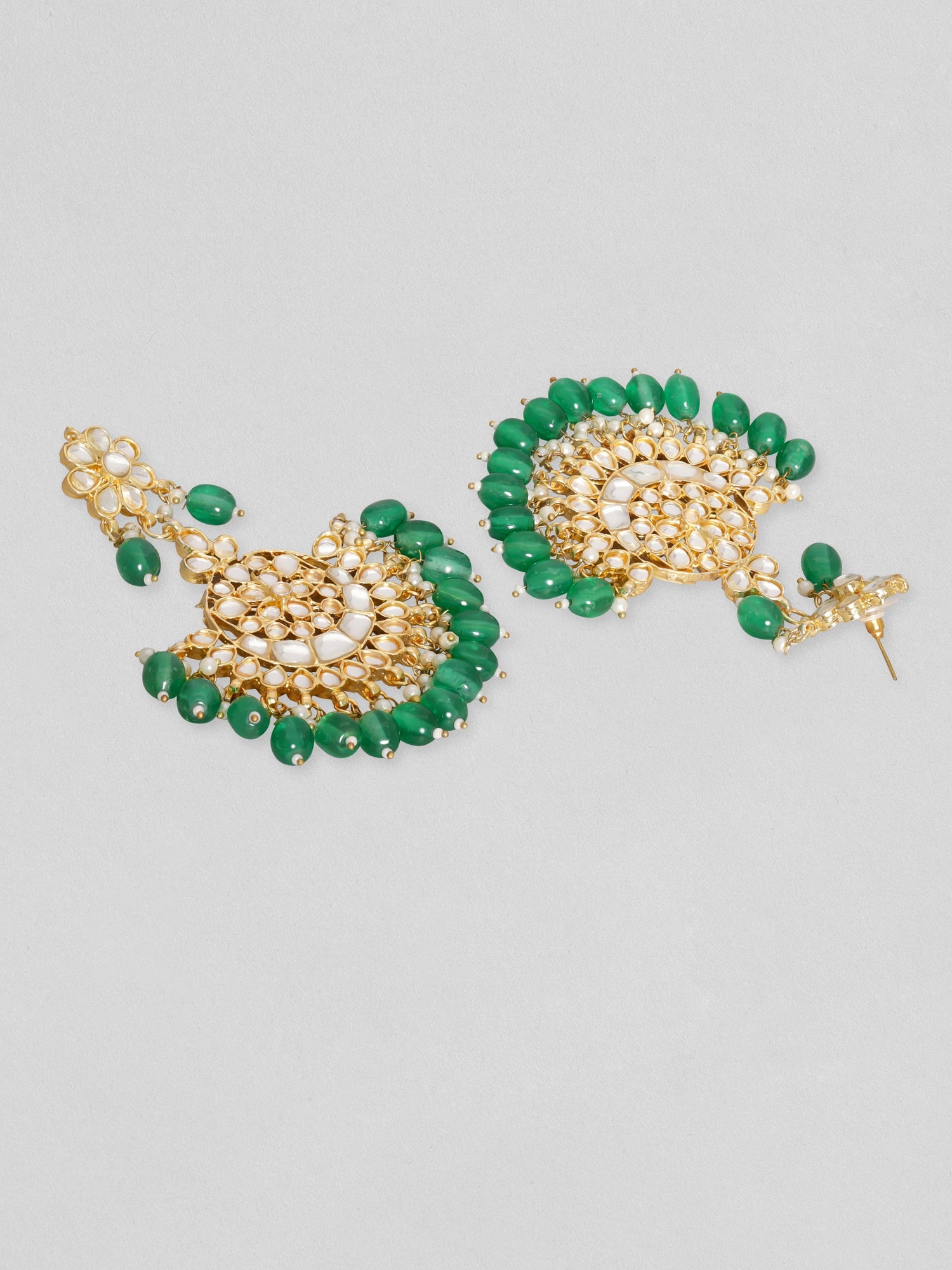Rubans 24K Gold Toned Green Beaded Polki Studded Mangtika &amp; Chandbali Earring Set Earrings &amp; mangtika set