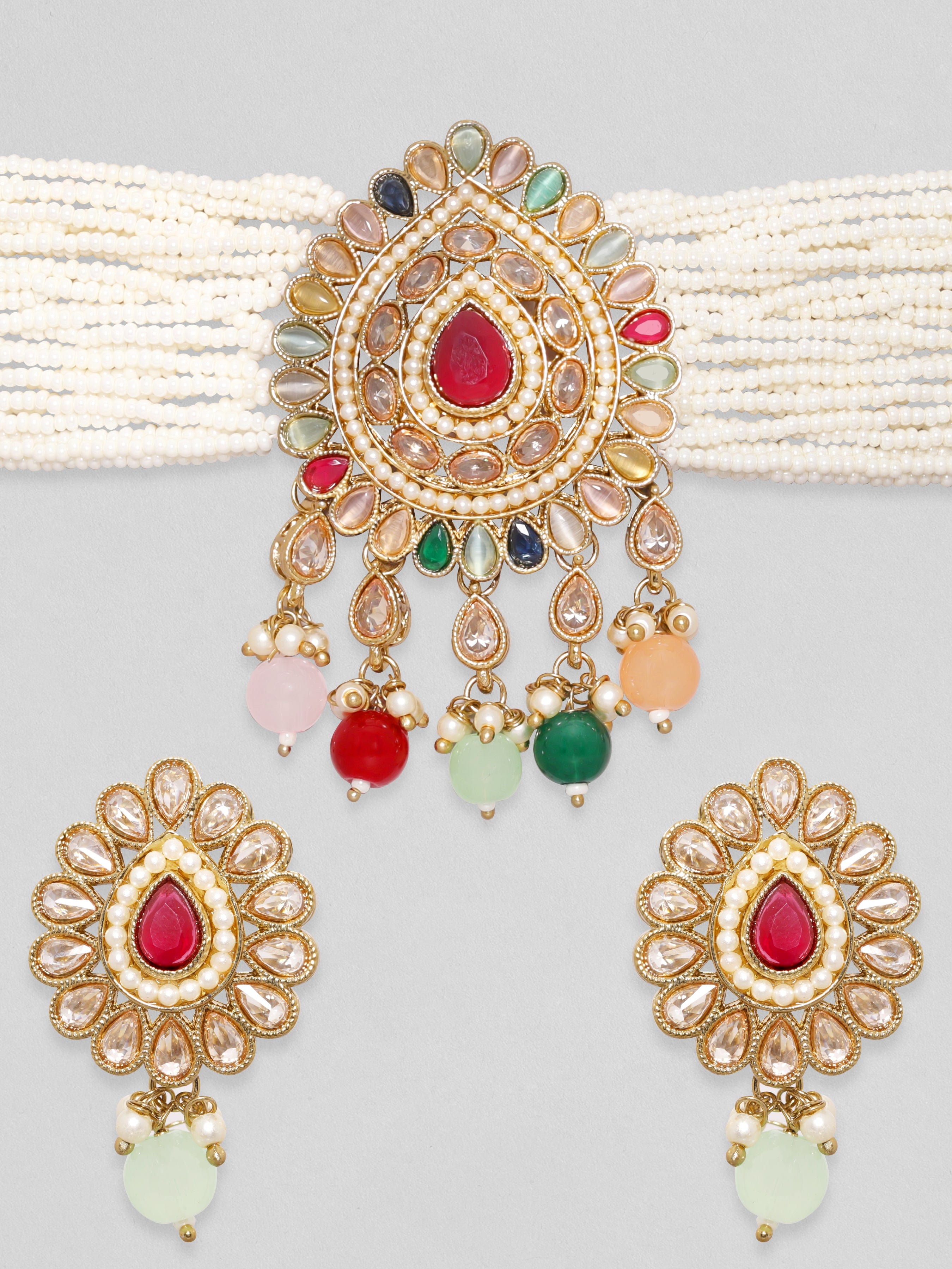 Rubans 24K Gold toned Multicolour Reverse AD &amp; Pearl Beaded Jewellery Set Necklace Set