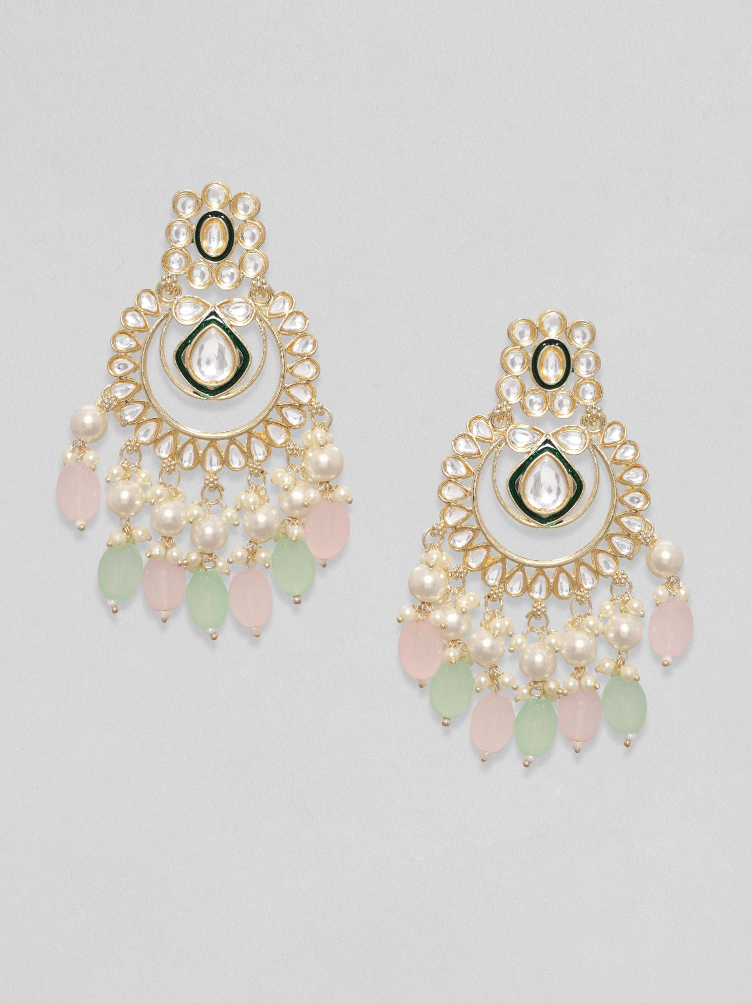 Rubans 24K Gold Toned Pink &amp; Green Pearl Beaded Kundan Studded Chandbali Earrings Earrings