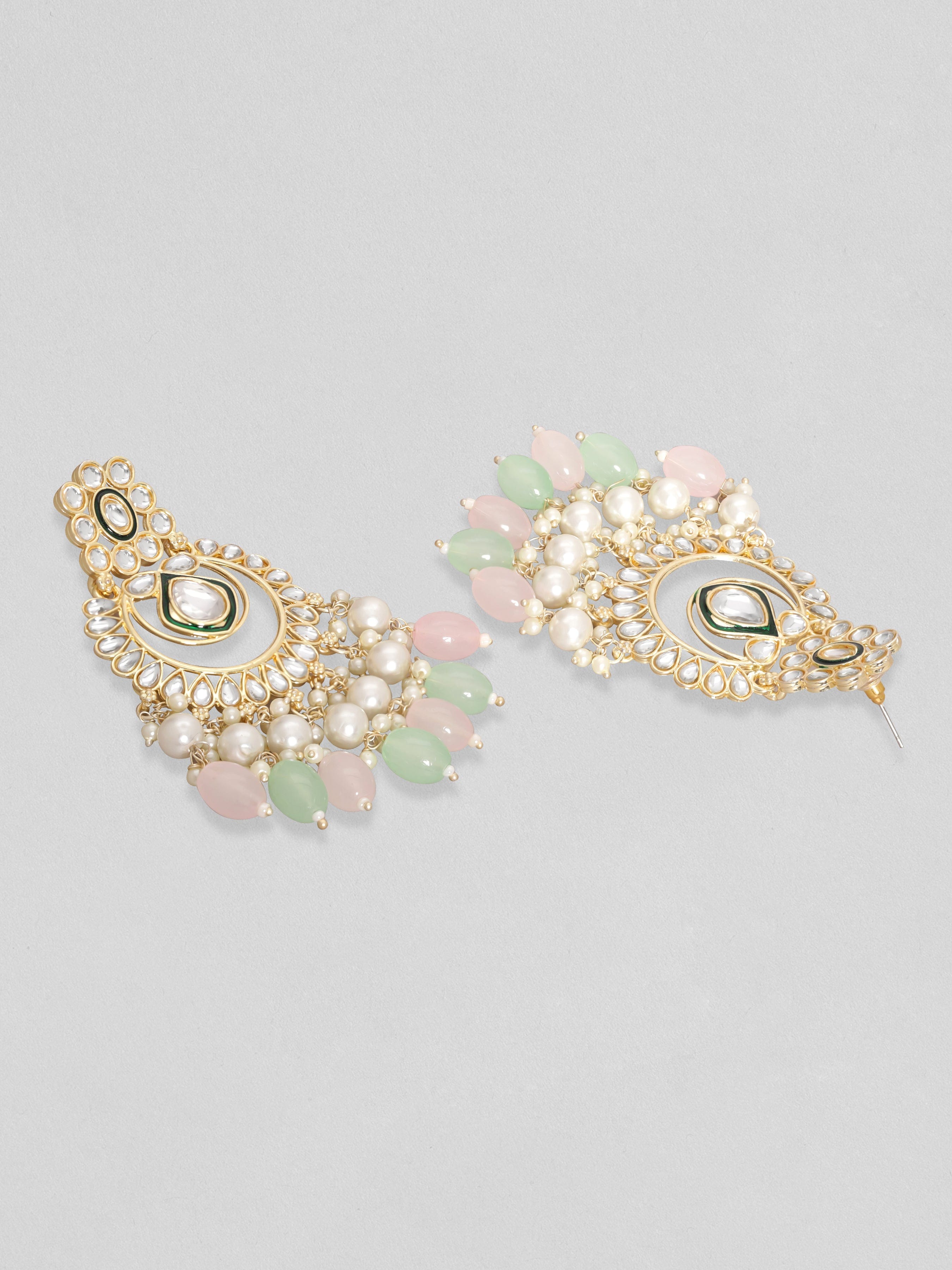 Rubans 24K Gold Toned Pink &amp; Green Pearl Beaded Kundan Studded Chandbali Earrings Earrings