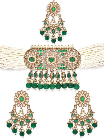 Rubans 24K Gold toned Reverse AD &amp; Green Beaded Jewellery Set Necklace Set