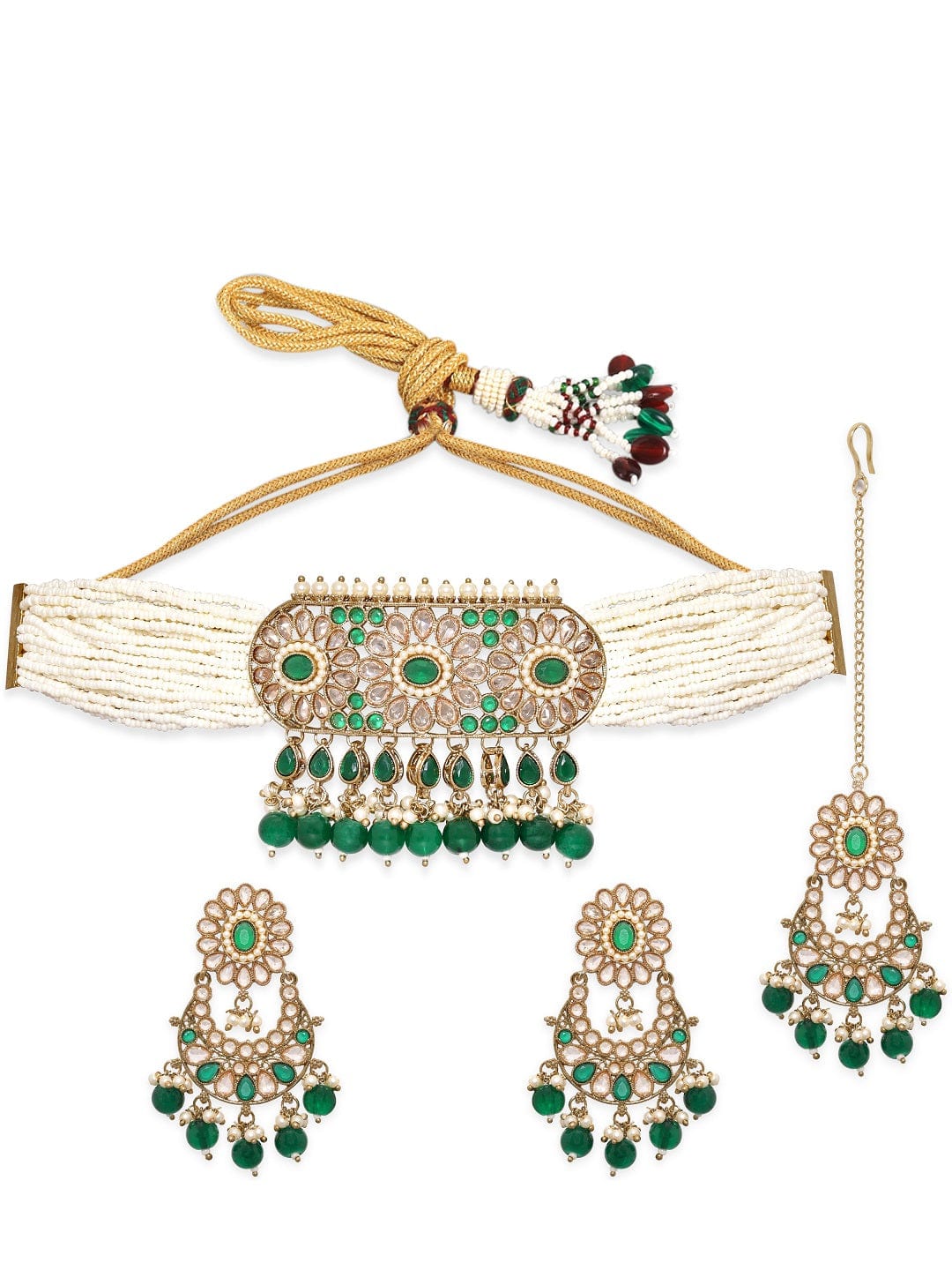 Rubans 24K Gold toned Reverse AD &amp; Green Beaded Jewellery Set Necklace Set