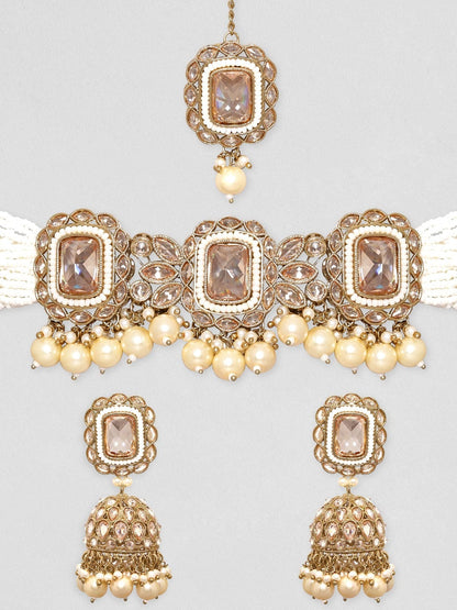 Rubans 24K Gold toned Reverse AD &amp; Pearl Beaded Jewellery Set Necklace Set