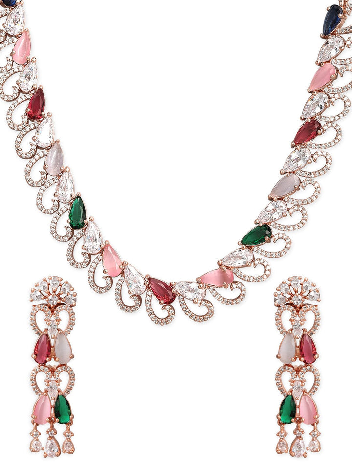 Rubans 24K Rose gold plated Diamonds and multi coloured stone studded Necklace set Earrings