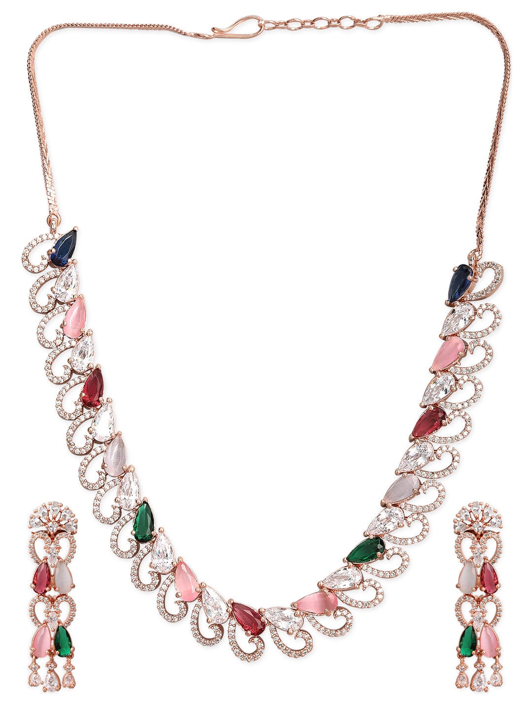Rubans 24K Rose gold plated Diamonds and multi coloured stone studded Necklace set Earrings