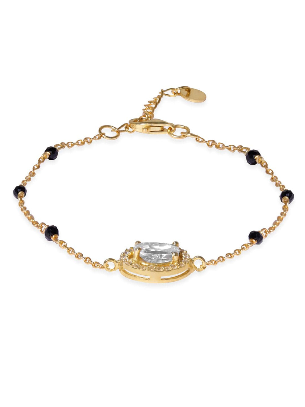 Rubans 925 Silver 18K Gold Plated oval zirconia & black beaded bracelet Bangles & Bracelets