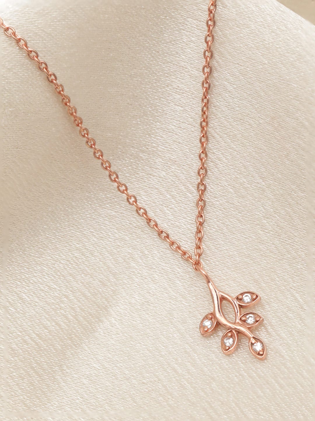 Rubans 925 Silver 18K Rose Gold Leaf Charm Zirconia Pendant Necklace. Necklaces, Necklace Sets, Chains & Mangalsutra
