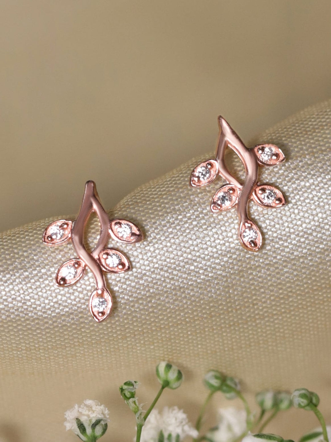 Rubans 925 Silver 18K Rose Gold Plated Zirconia Leaf Charm Stud Earring Earrings