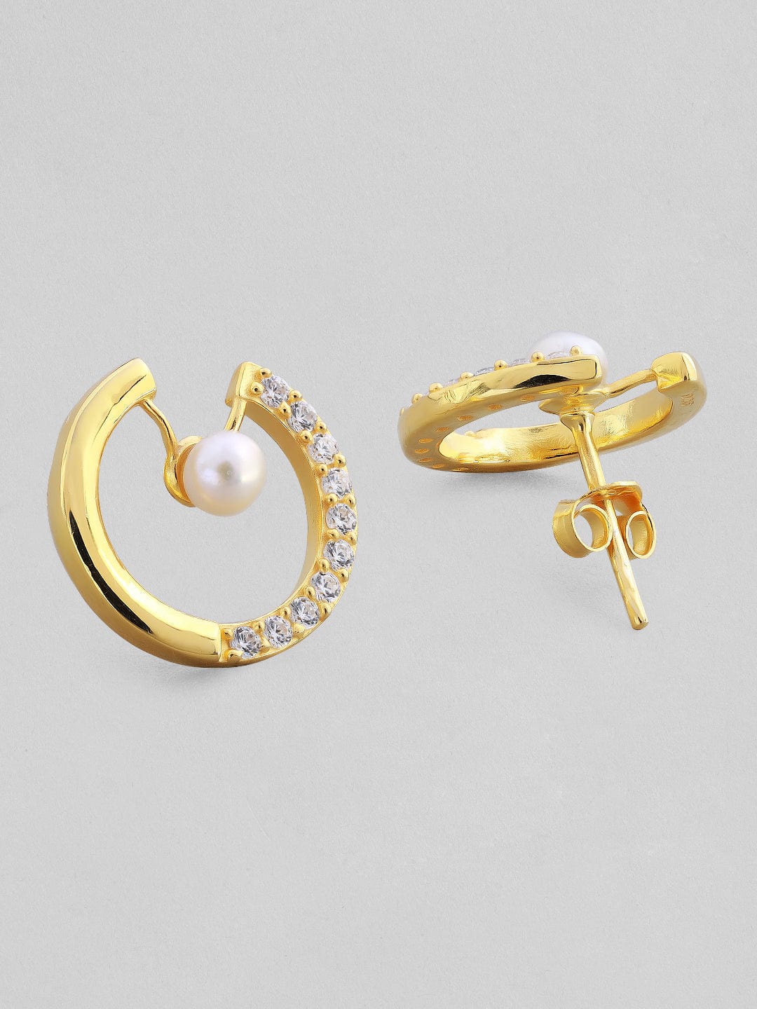 Rubans 925 Silver Asymmetrical Merge Of Pearls And Zirconia Stud Earrings.- Gold Plated Earrings