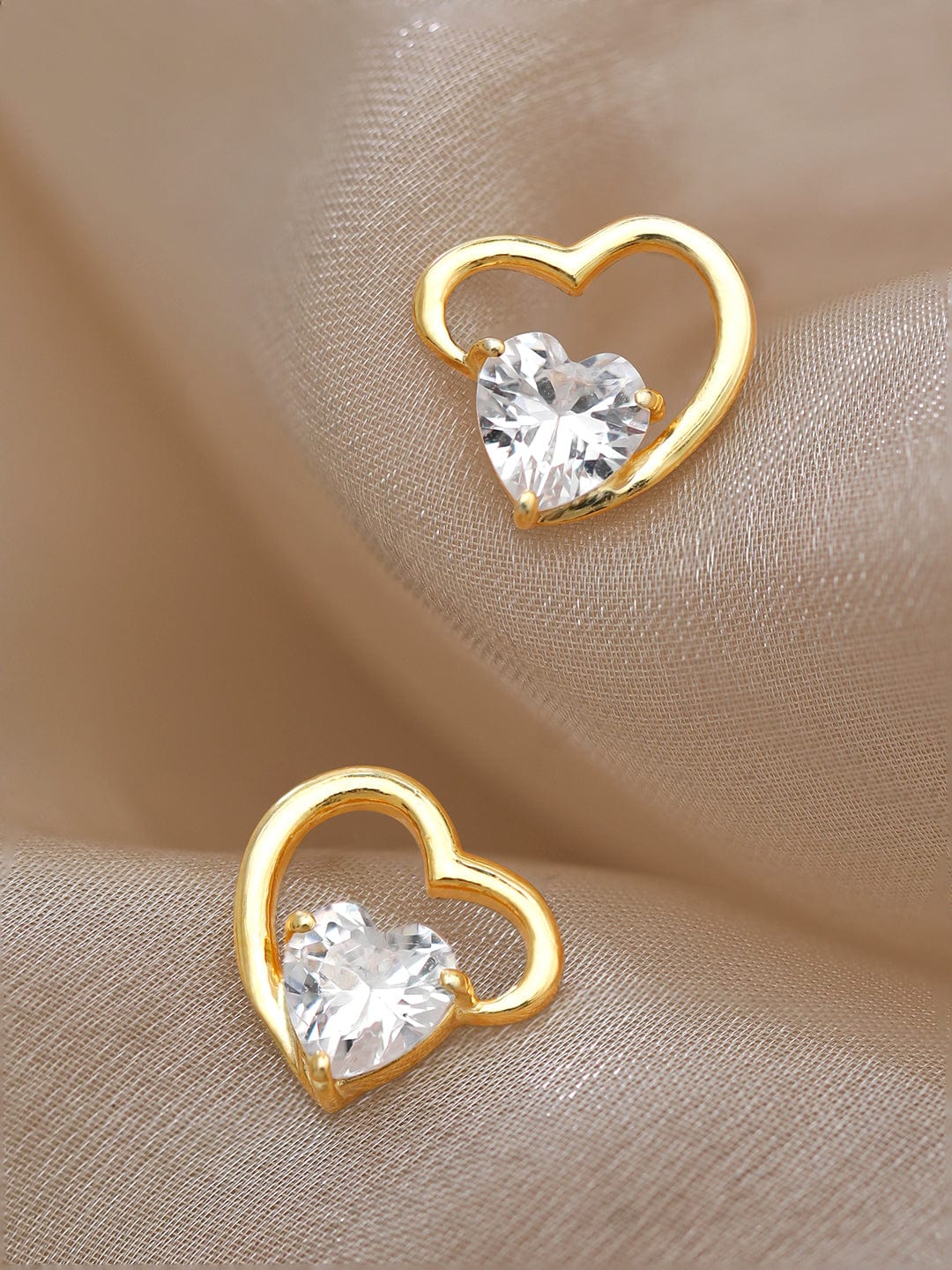 Rubans 925 Silver Gold Toned Zirconia Studded Heart Stud Earring Earrings