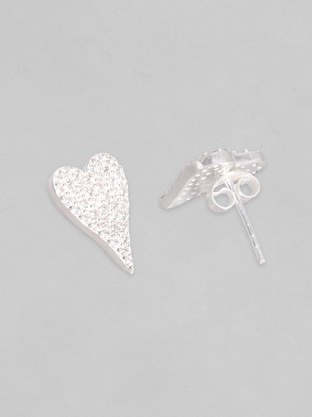 Rubans 925 Silver, Rhodium Plated Pave Zircons Studded Heart Motif Stud Earrings. Earrings
