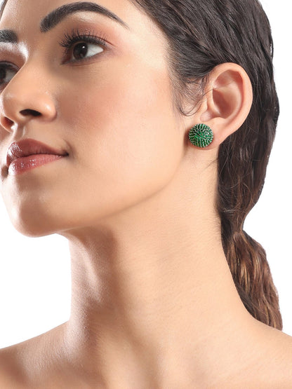 Rubans Antique Gold Finish Emerald Green Pave Zirconia Minimal Stud Earrings Earrings