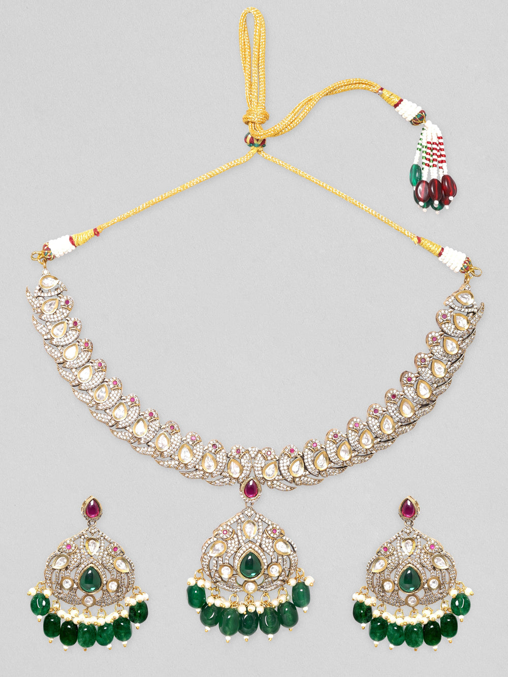 Rubans Antique Gold Plated Brilliant Cut Zirconia, Green Beaded Vintage Royal Necklace Set Necklace Set
